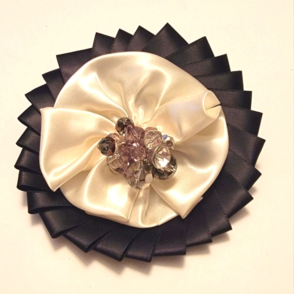 Satin Fabric Flower Pin Brooch Hair Clip Embellished Black & White